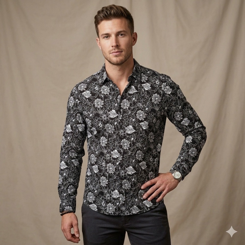 GUESS‎ Mens Slim Fit Floral Button Down Shirt Black White XL Long Sleeve